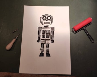 Original Linocut Print - Robot / Robot Head Print, Handmade Illustration