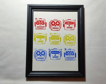 Original linoleum printing in frame - 40 x 30 cm - robot / robot head printmaking, handmade illustration