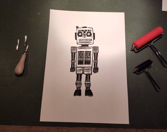 Original Linocut Print - Robot / Robot Head Print, Handmade Illustration