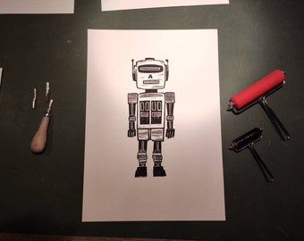 Original Linocut Print - Robot / Robot Head Print, Handmade Illustration