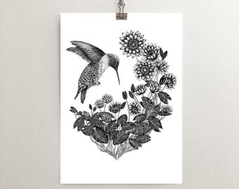 Hummingbird Print, Waterlily Print, Tropical Bird Illustration