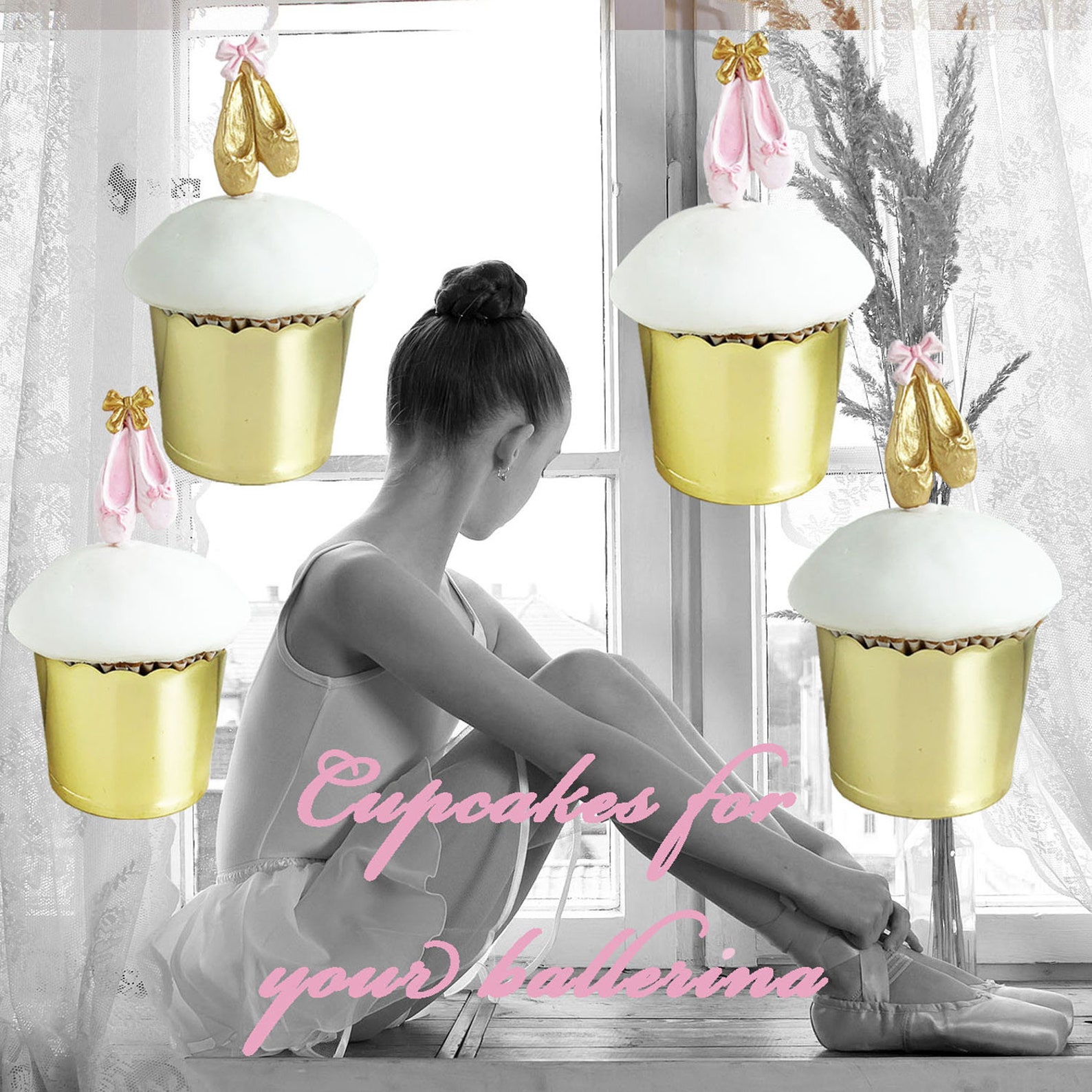 ballet shoes cupcake toppers - set of 12 - pink - gold ballet shoes cupcake toppers - set of 12 - pink - gold