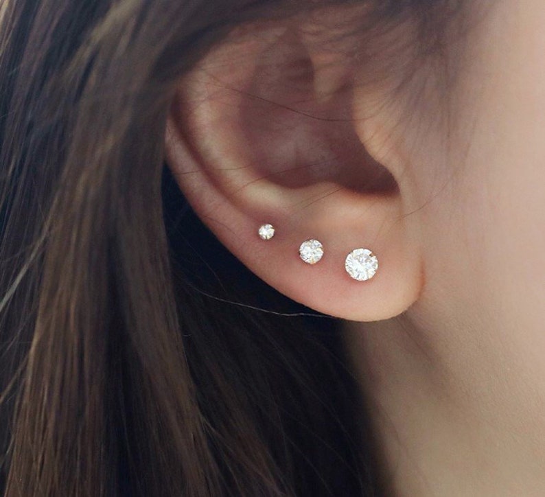 Round CZ Stud Earring Solid 14K Gold Cartilage Earring Etsy
