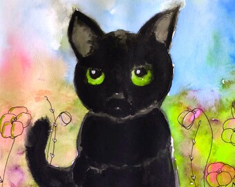 Black Cat Watercolour Digital Wallpaper