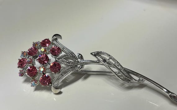 Rhinestone Raspberry Pink Floral Brooch - Gem