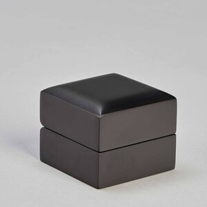 May include: A black ring box with a hinged lid. The box is made of a smooth, matte material and has a simple, elegant design.
