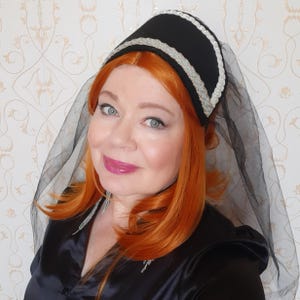 Black Tudor Lady Medieval Hat Veil Anne Boleyn Fancy Dress Costume Blue Trim