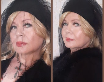 Ladies Victorian Tudor Gothic Lady Black Veiled Hat Fancy Dress Costume
