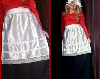 White satin knee length apron Victorian Tudor maid fairy tale fancy dress costume