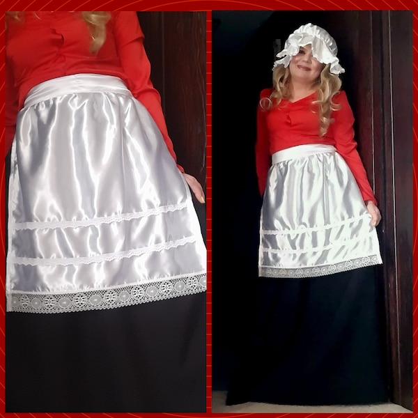 White satin knee length apron Victorian Tudor maid fairy tale fancy dress costume