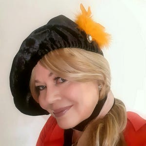 Black Velour Medieval HAT BERET Orange Feather Tudor Renaissance Artist Costume