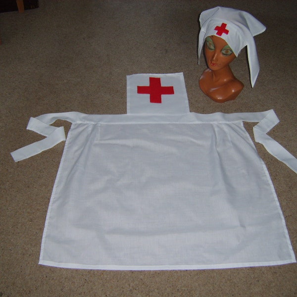 Ladies 1930s 1940s WW1 WW2 Red Cross Nurse Set Apron & Hat Fancy Dress Costume