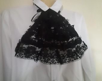 Black Lace Frilly Jabot Victorian Georgian Regency Collar Cravat  Gothic Vampire Fancy Dress Costume