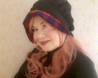 Ladies Black Cotton Bonnet Coif Tudor Hat Cap Check Trim Peasant Elizabethan Victorian Medieval