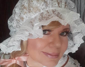 Ladies White Lace Mop Hat Victorian Maid Fairy Tale Fancy Dress Costume