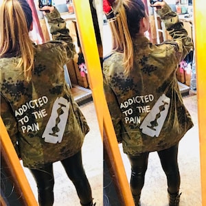 Addicted to the pain razor handpainted vintage army jacket