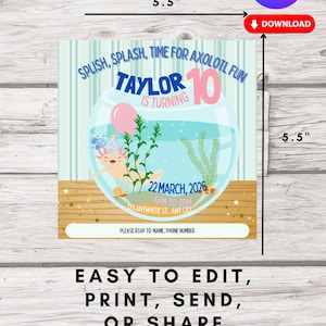Axolotl Birthday Party Invitation- Axolotl Birthday Invitation- Girl Axolotl Invitation-Digital File, Canva digital template, Axolotl Invite