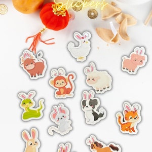 Adesivos recortados de animais do zodíaco do ano novo chinês, 12 adesivos recortados do zodíaco chinês, 12 unidades | adesivos do Festival da Primavera | Adesivos de animais