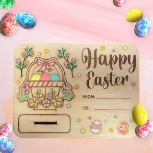 Tarjeta con forma de huevo de Pascua, tarjeta desplegable de madera, tarjeta grabada con láser, tarjeta de Pascua, Pascua femenina, tarjeta de feliz Pascua, tarjeta con canasta de huevos de Pascua, tarjeta de felicitación