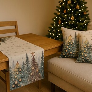 May include: A Christmas-themed scene featuring a wooden table with a festive runner and two decorative pillows. The runner and pillows display a forest of Christmas trees with star toppers and ornaments. A lit Christmas tree is in the background.