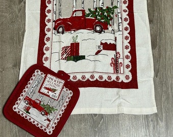 Conjunto compuesto por agarradera + guante + paño de cocina - idea de regalo de Navidad - pequeño detalle - fabricado en Italia - coche de Papá Noel -