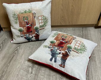 Cojín con relleno de 45X45 - de gobelino y lurex-purpurina plateada - motivo "Villancico de Navidad" - desenfundable - hecho en Italia
