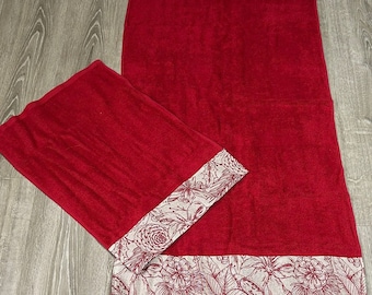 Par de toallas de puro algodón - rojo - modelo "Campanas y piñas" made in Italy - toalla + invitado - 100% algodón - idea de regalo