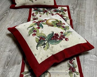 Centro de mesa (40x100) y cojines (45x45) con acolchado de gobelino desenfundable - Bolas de Navidad - Fabricación artesanal italiana