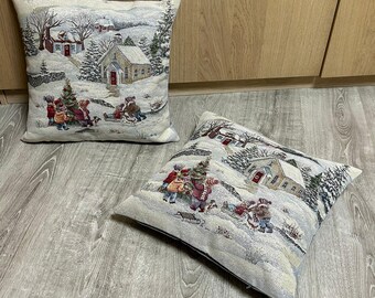Cojín con relleno de 45X45 - de gobelino y lurex-purpurina plateada - motivo "XMAS & CHILD" - desenfundable - hecho en Italia