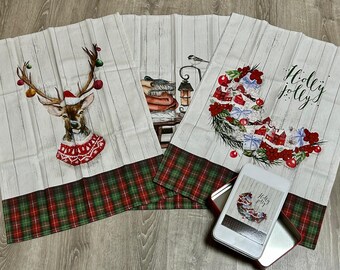Juego de 3 paños de cocina navideños en caja de hojalata - Vingi original - hecho en Italia - paño de cocina tamaño 50x70 - 100% algodón - Holly jolly