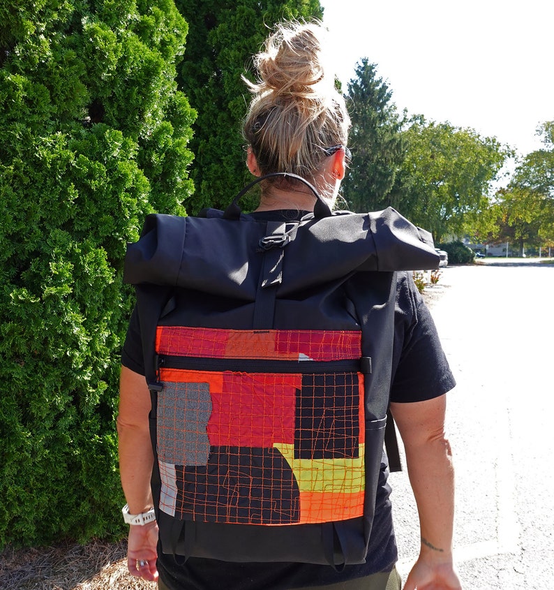 Rolltop Backpack Fire Patchwork American boro Zero Waste Up-Cycled Nylon Backpack Day Pack Made in USA image 8