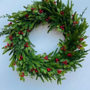 Christmas Norfolk pine Wreath, Holly Berry Wreath, Christmas Home Decor, Evergreen Wreath for front door, Christmas Wreath with Red Berries
