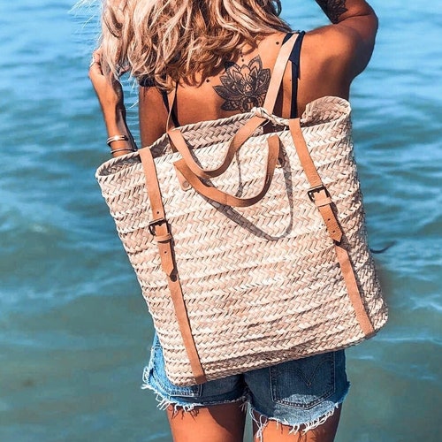 50 OFF Straw Beach Bag With Leather Strap Straw Backpack Etsy
