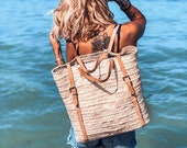 Straw Beach bag with leather strap - Straw backpack - Hipster backpack - boho backpack