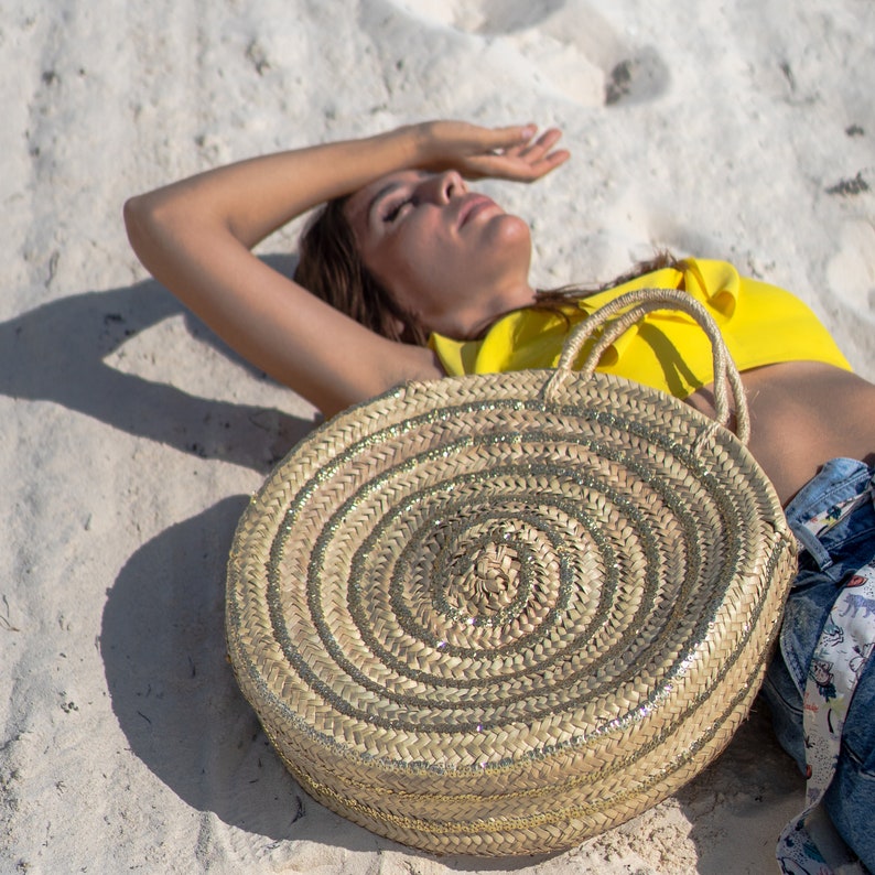 Unique Round Straw beach Bag with sequins Handmade Round Etsy