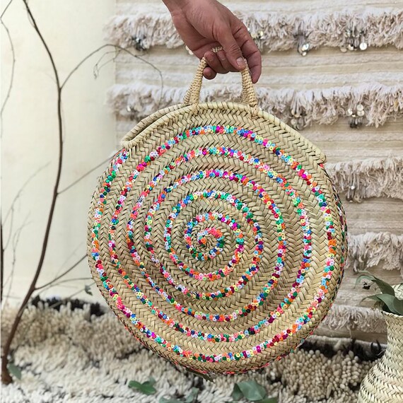 Unique Round Straw Beach Bag With Sequins Handmade Round | Etsy