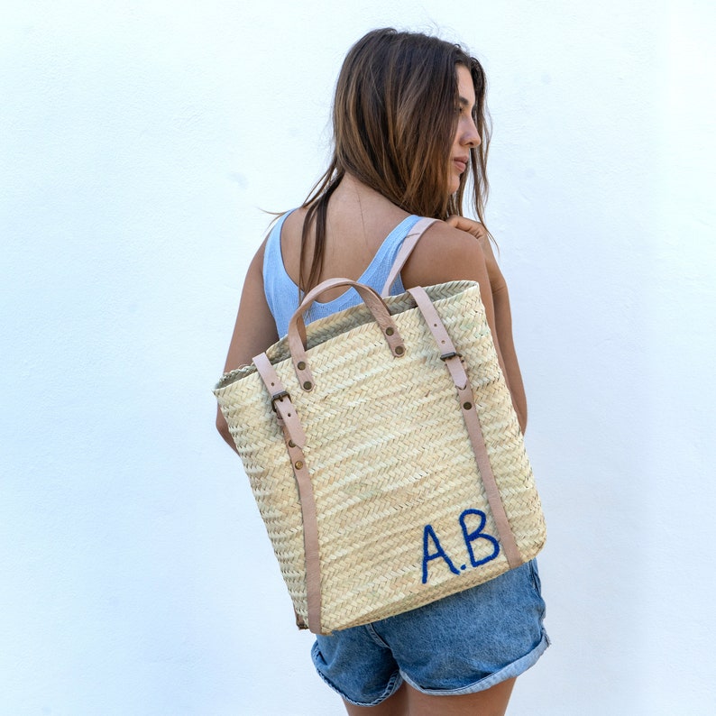 Straw Beach Bag With Leather Strap Monogrammed Straw Etsy