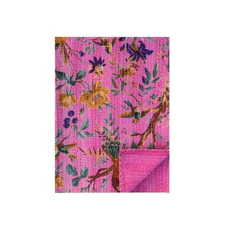 PINK BIRD of Pradise handmade Bird Print Kantha Quilt Kantha Throw Kantha Bedspread Kantha Bedding /& Bedcover