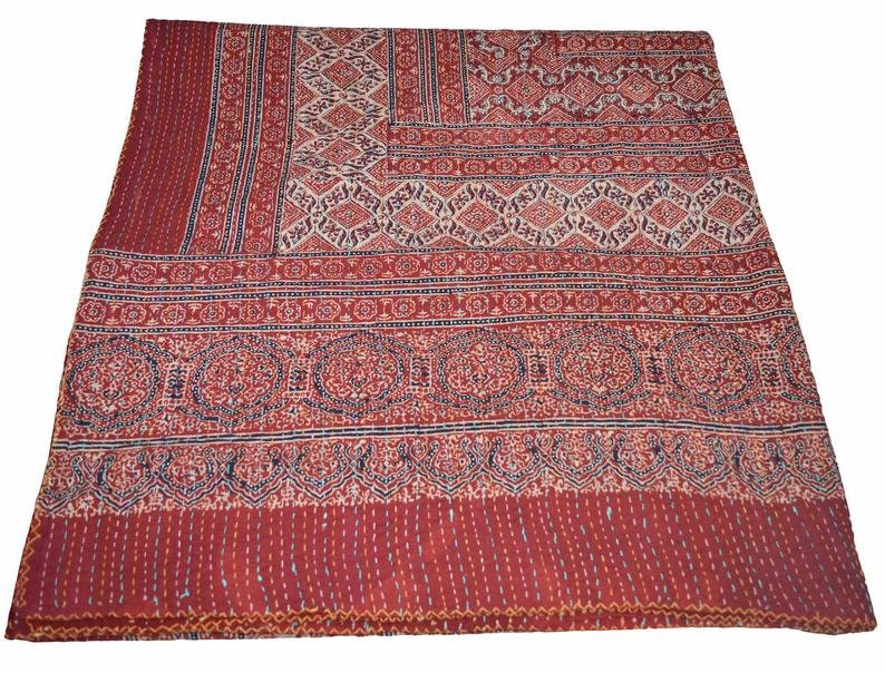 Vintage Indian Kantha Quilt Handmade Ajrakh hand block print 100/% Cotton Bed cover Bedspread Blanket Queen size Twin size King size
