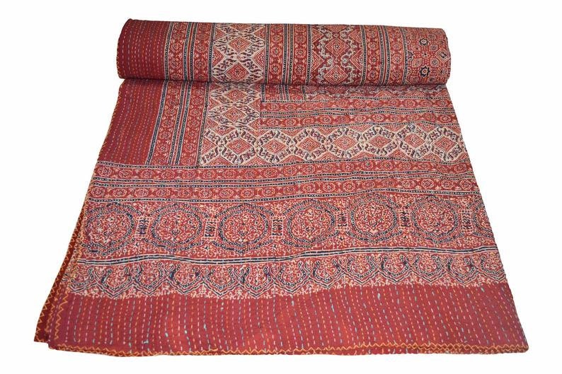Vintage Indian Kantha Quilt Handmade Ajrakh hand block print 100/% Cotton Bed cover Bedspread Blanket Queen size Twin size King size