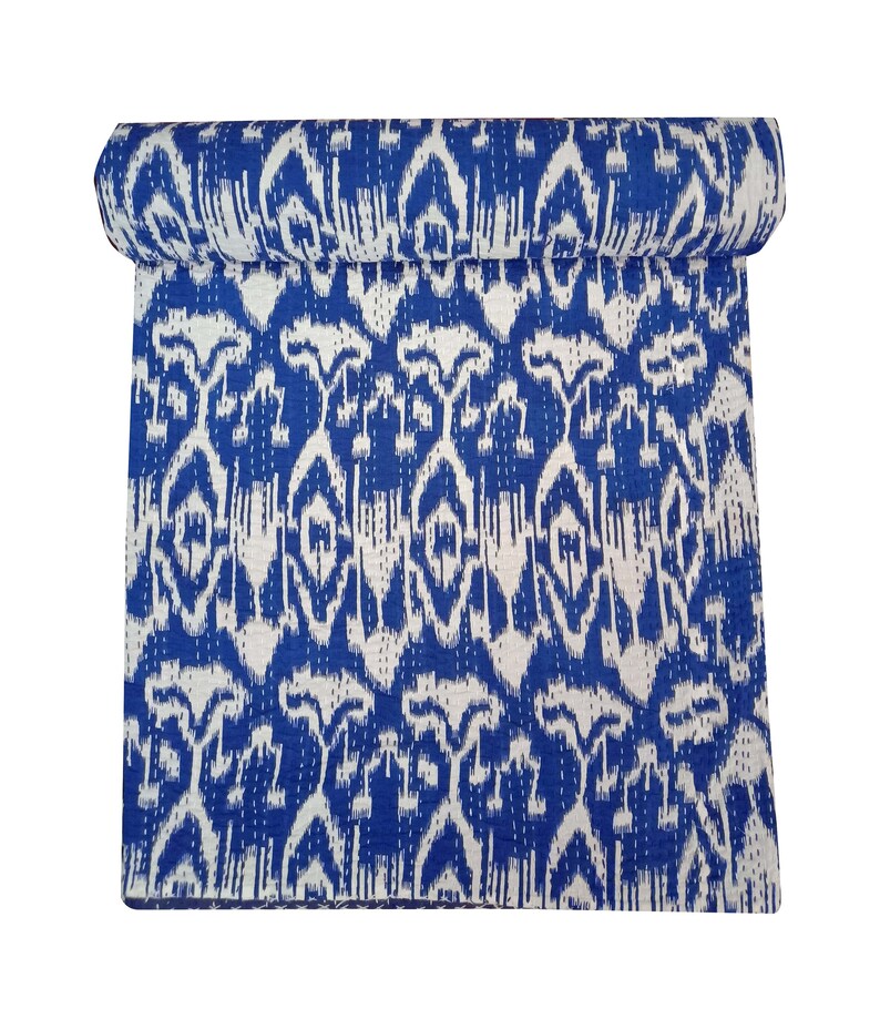 Ikat kantha quilt Handmade kantha bedcover hand stitch Blue Kantha throw Bohemian Hippy quilt