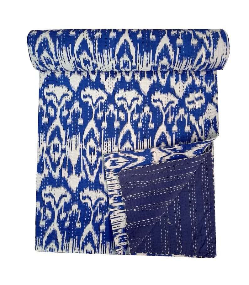 Ikat kantha quilt Handmade kantha bedcover hand stitch Blue Kantha throw Bohemian Hippy quilt