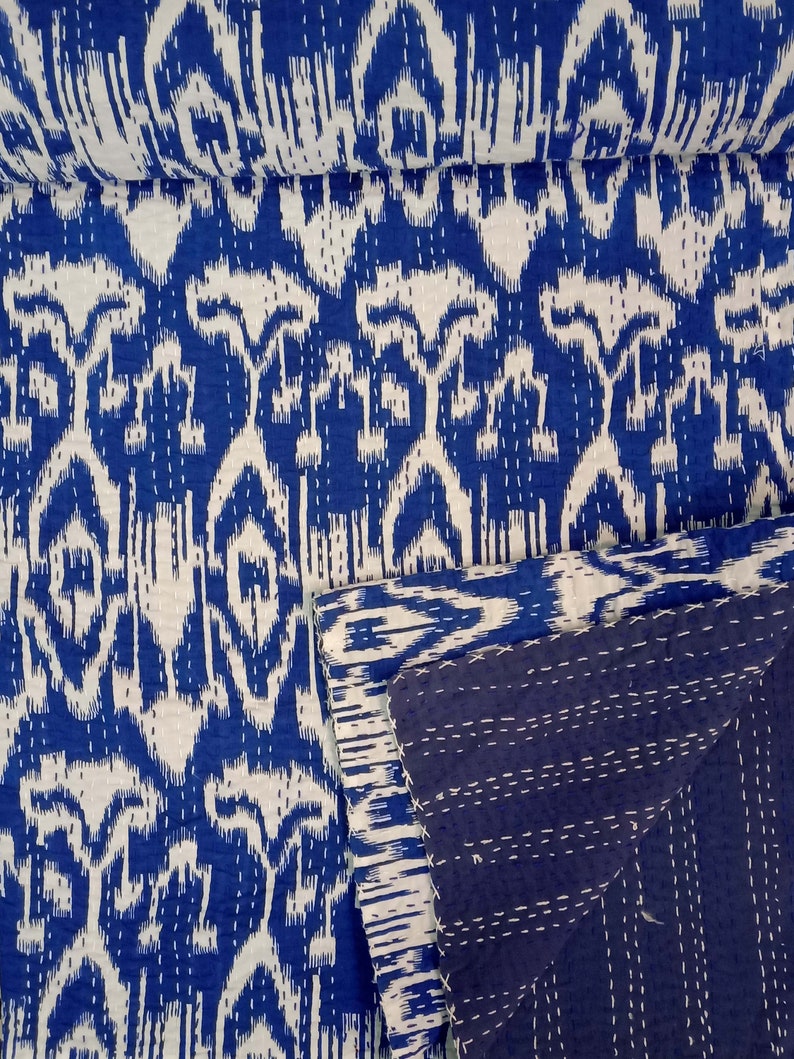 Ikat kantha quilt Handmade kantha bedcover hand stitch Blue Kantha throw Bohemian Hippy quilt