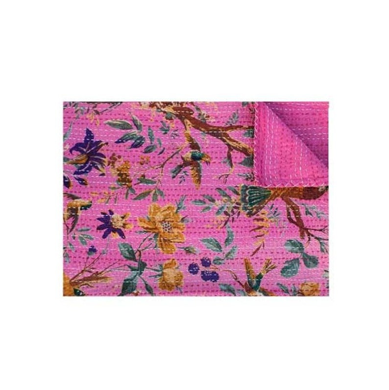 PINK BIRD of Pradise handmade Bird Print Kantha Quilt Kantha Throw Kantha Bedspread Kantha Bedding /& Bedcover