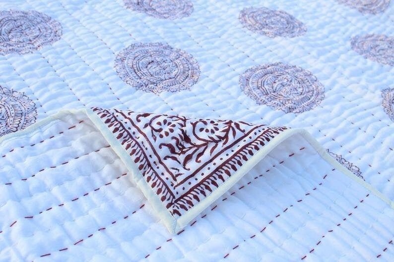 Indian Hand Block Print Queen Cotton Kantha Quilt Throw Blanket Bedspread Gudari