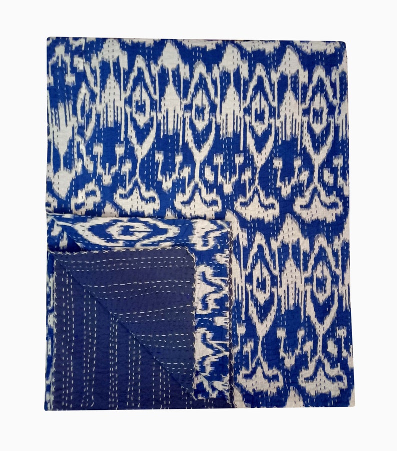 Ikat kantha quilt Handmade kantha bedcover hand stitch Blue Kantha throw Bohemian Hippy quilt