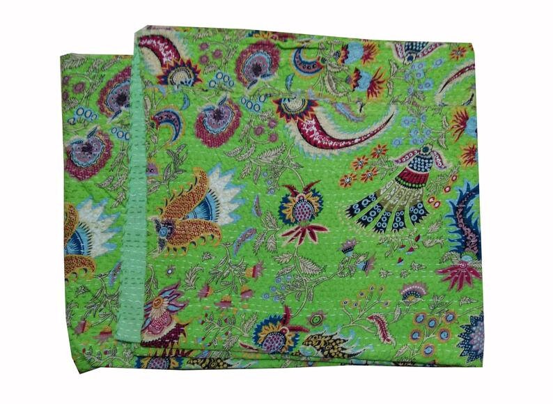 parrot green CROWN kantha quilt Handmade INDIAN Hand-Stitched Patchwork Vintage Kantha Quilt HandStitched Queen Kantha Throw Cotton Blanket