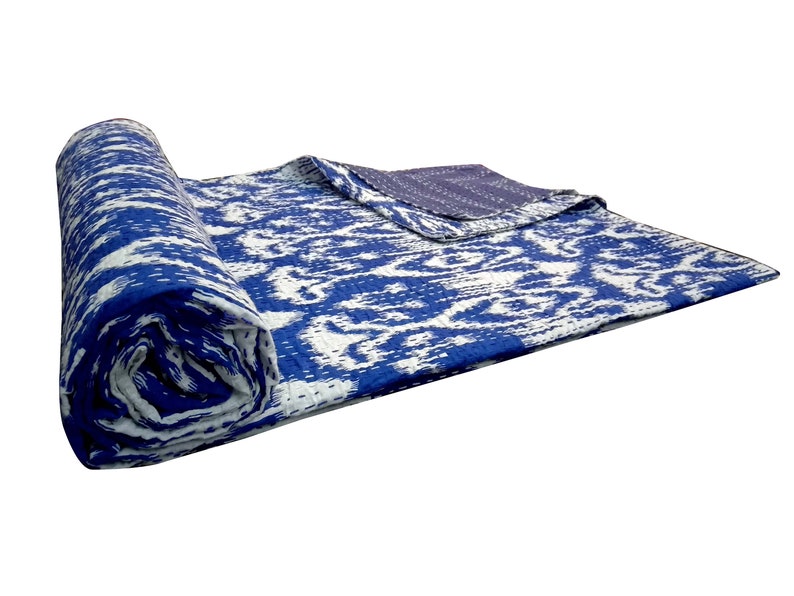 Ikat kantha quilt Handmade kantha bedcover hand stitch Blue Kantha throw Bohemian Hippy quilt