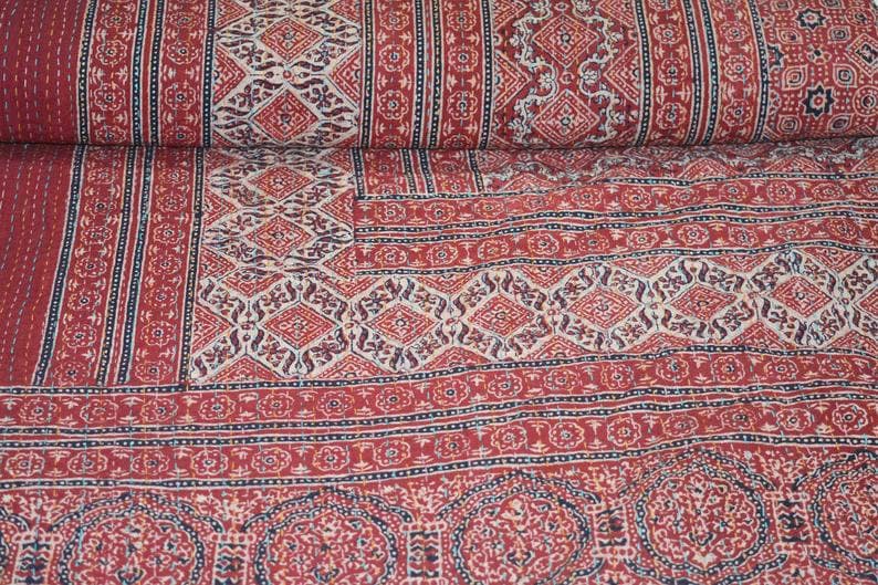 Vintage Indian Kantha Quilt Handmade Ajrakh hand block print 100/% Cotton Bed cover Bedspread Blanket Queen size Twin size King size