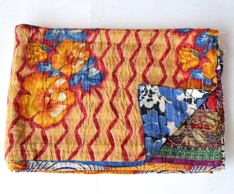 Beautiful Yellow Flower Vintage Kantha Vintage Kantha Thrown Vintage Kantha Blanket Reversible Kantha Quilt Vintage Handmade Kantha Quilt